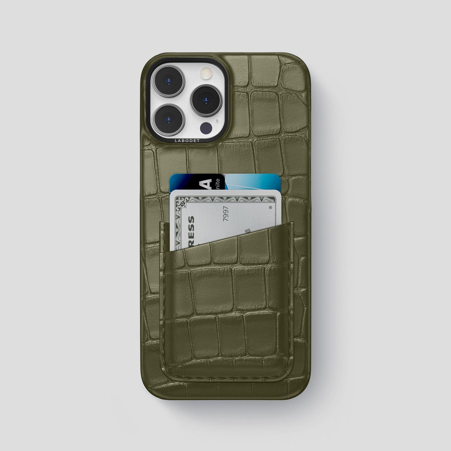 Kaki-Green iPhone 14 Pro Max Card Case Alligator with Black Metal -1 | Kaki-Green-Black