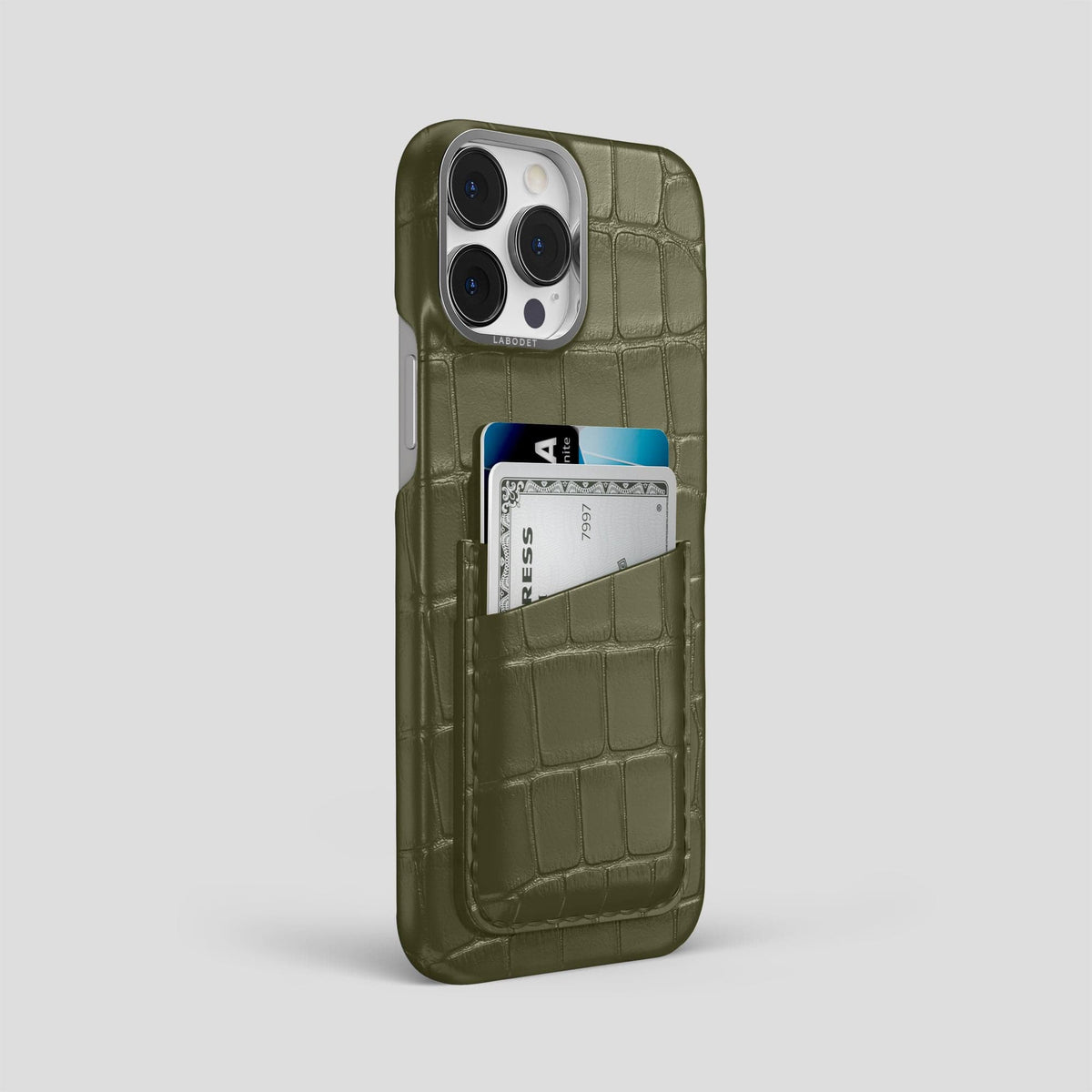 Kaki-Green iPhone 14 Pro Max Card Case Alligator with Steel Metal -2 | Kaki-Green-Steel