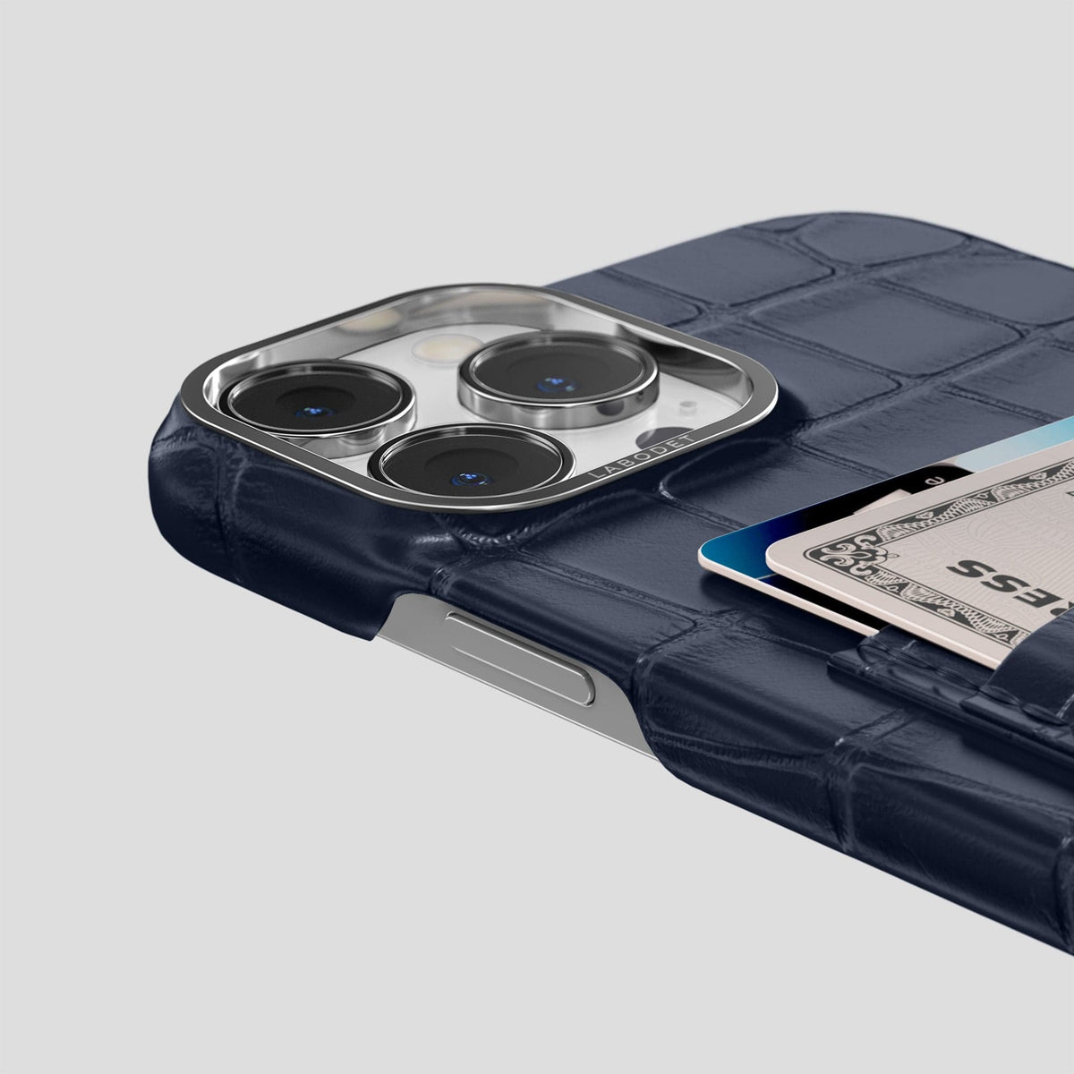 Navy Blue iPhone 14 Pro Max Card Case Alligator with Steel Metal -5 | Navy-Blue-Steel