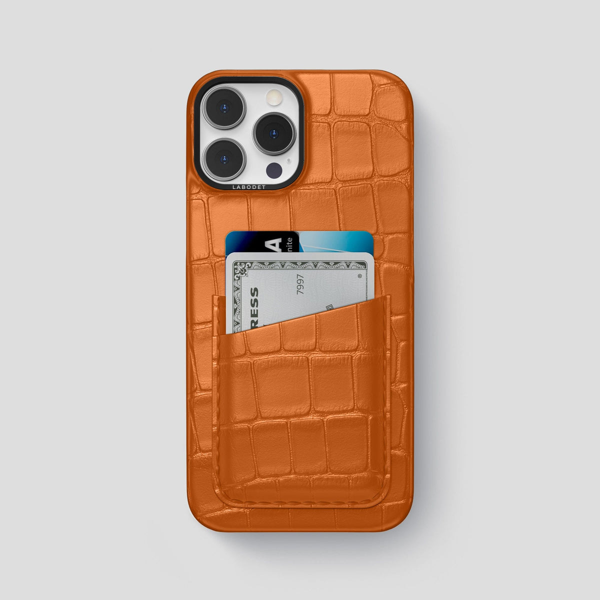 Orange iPhone 14 Pro Max Card Case Alligator with Black Metal -1 | Orange-Black