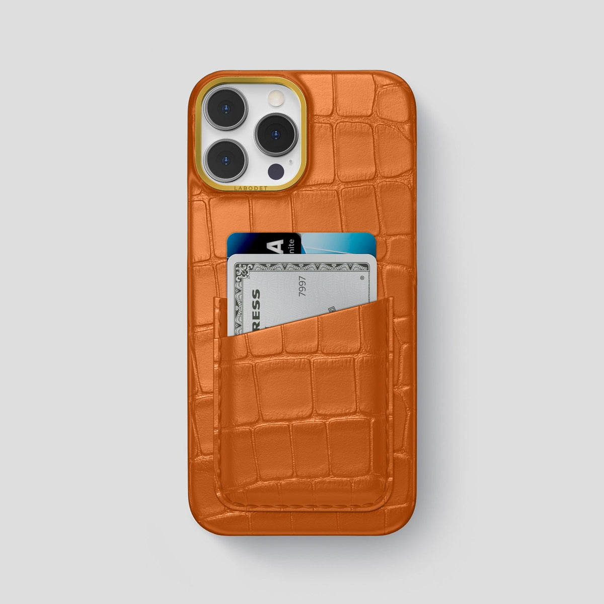 Orange iPhone 14 Pro Max Card Case Alligator with Gold Metal -1 | Orange-Gold