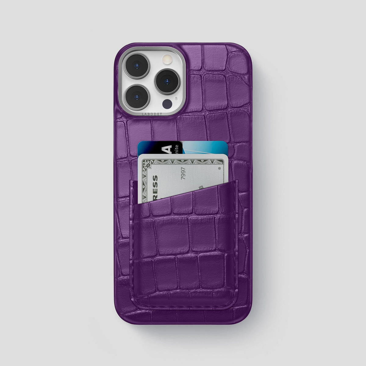 Purple iPhone 14 Pro Max Card Case Alligator with Steel Metal -1 | Purple-Steel