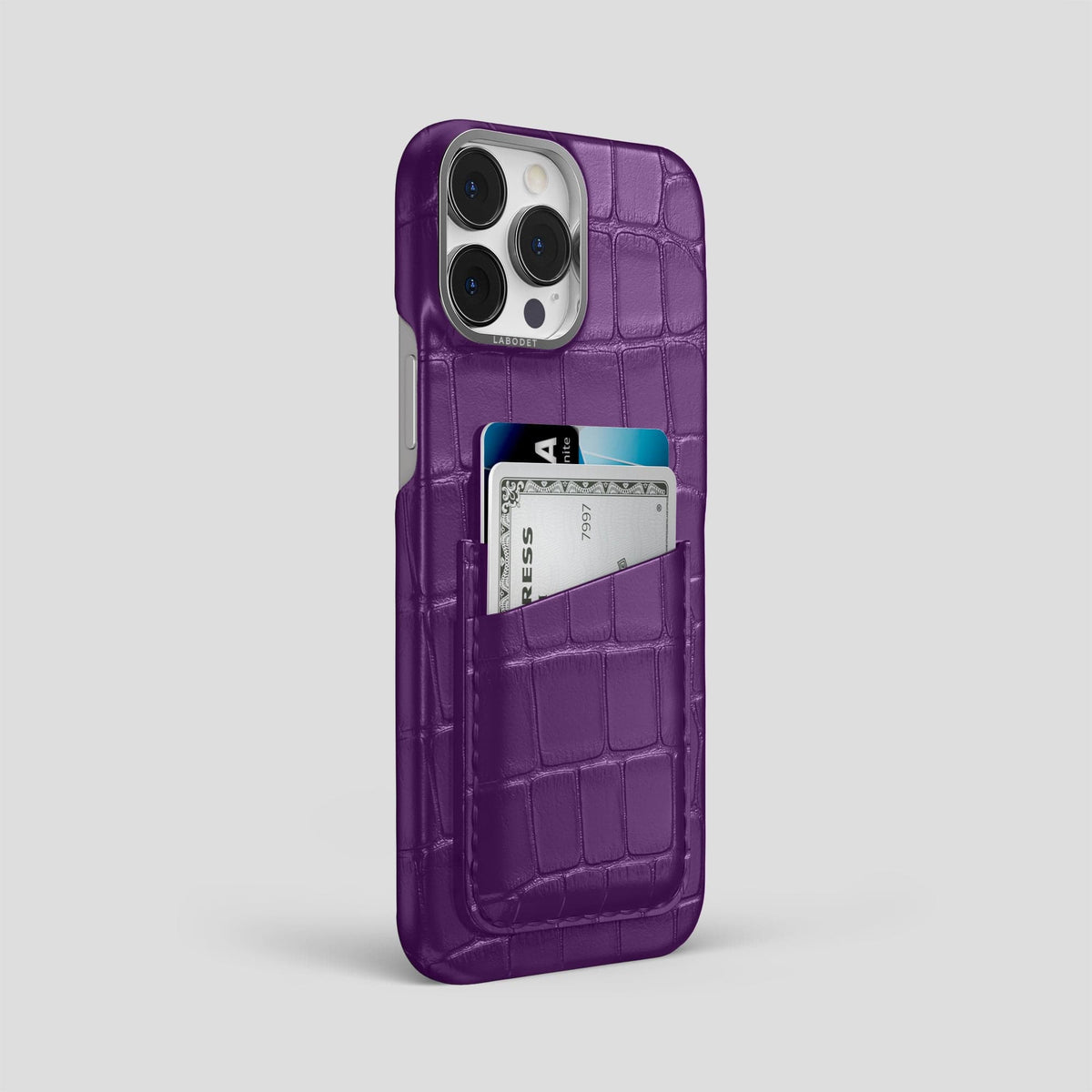 Purple iPhone 14 Pro Max Card Case Alligator with Steel Metal -2 | Purple-Steel
