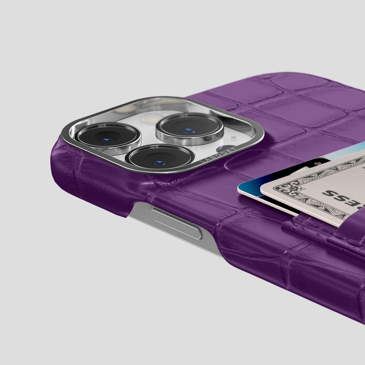 Purple iPhone 14 Pro Max Card Case Alligator with Steel Metal -5 | Purple-Steel