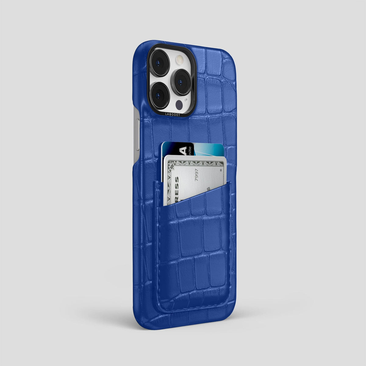 Royal Blue iPhone 14 Pro Max Card Case Alligator with Black Metal -2 | Royal-Blue-Black
