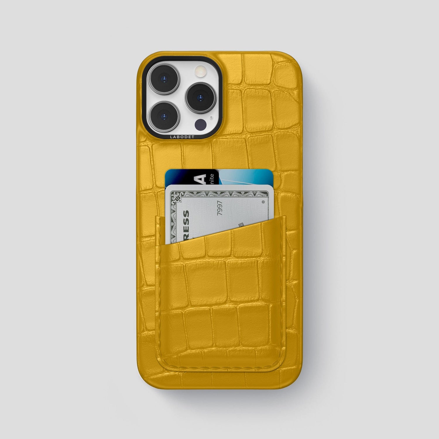 Yellow iPhone 14 Pro Max Card Case Alligator with Black Metal -1 | Yellow-Black