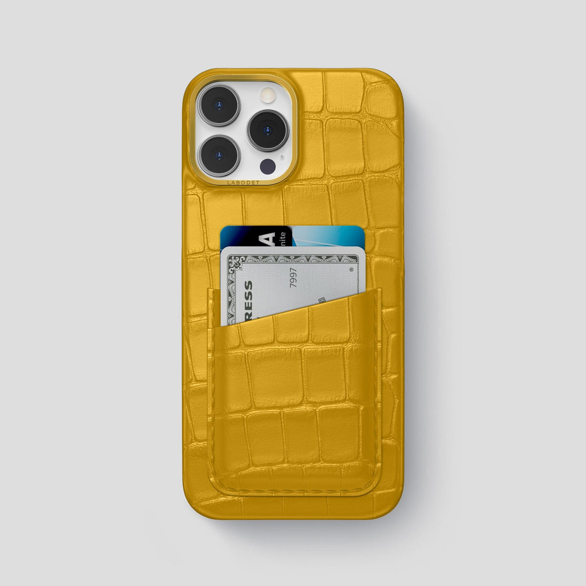 Yellow iPhone 14 Pro Max Card Case Alligator with Gold Metal -1 | Yellow-Gold