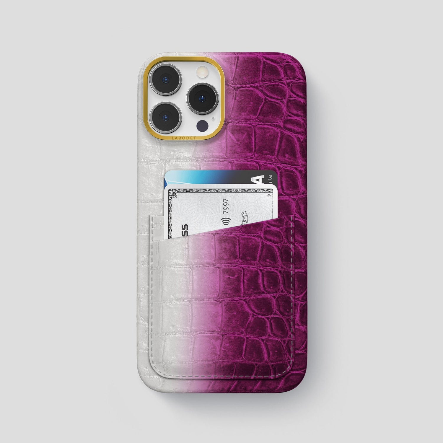 Fuchsia iPhone 14 Pro Max Himalaya Double Card Case Himalayan Crocodile with Gold Metal -1 | Fuchsia-Gold