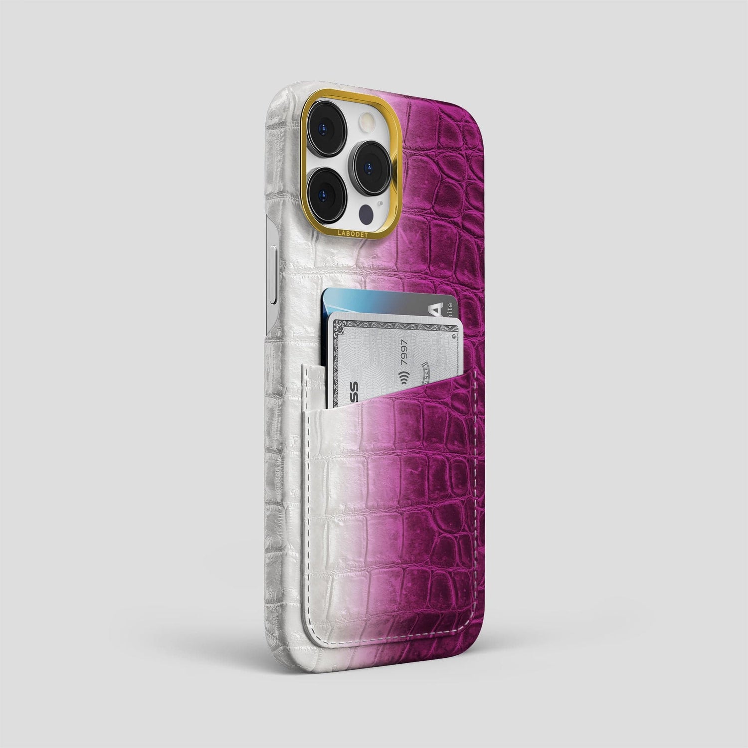 Fuchsia iPhone 14 Pro Max Himalaya Double Card Case Himalayan Crocodile with Gold Metal -2 | Fuchsia-Gold