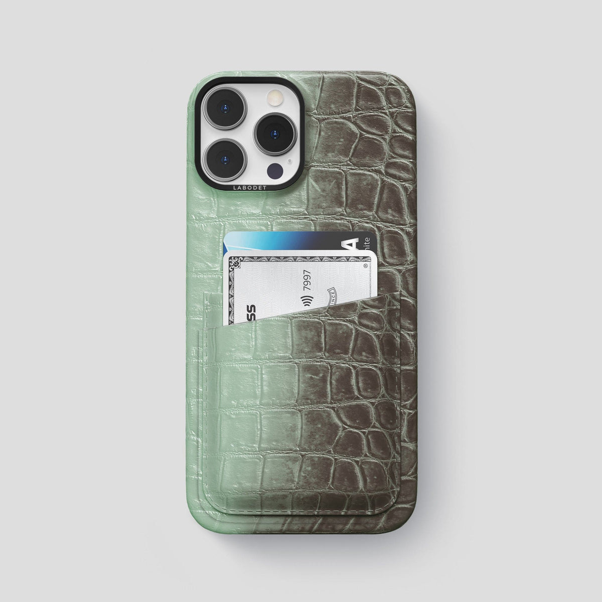 Pistachio iPhone 14 Pro Max Himalaya Double Card Case Himalayan Crocodile with Black Metal -1 | Pistachio-Black