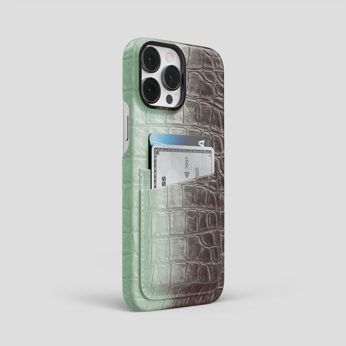 Pistachio iPhone 14 Pro Max Himalaya Double Card Case Himalayan Crocodile with Black Metal -2 | Pistachio-Black