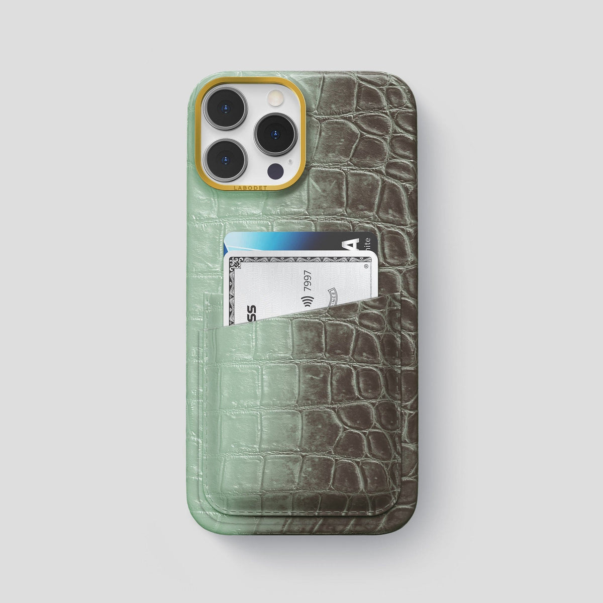 Pistachio iPhone 14 Pro Max Himalaya Double Card Case Himalayan Crocodile with Gold Metal -1 | Pistachio-Gold