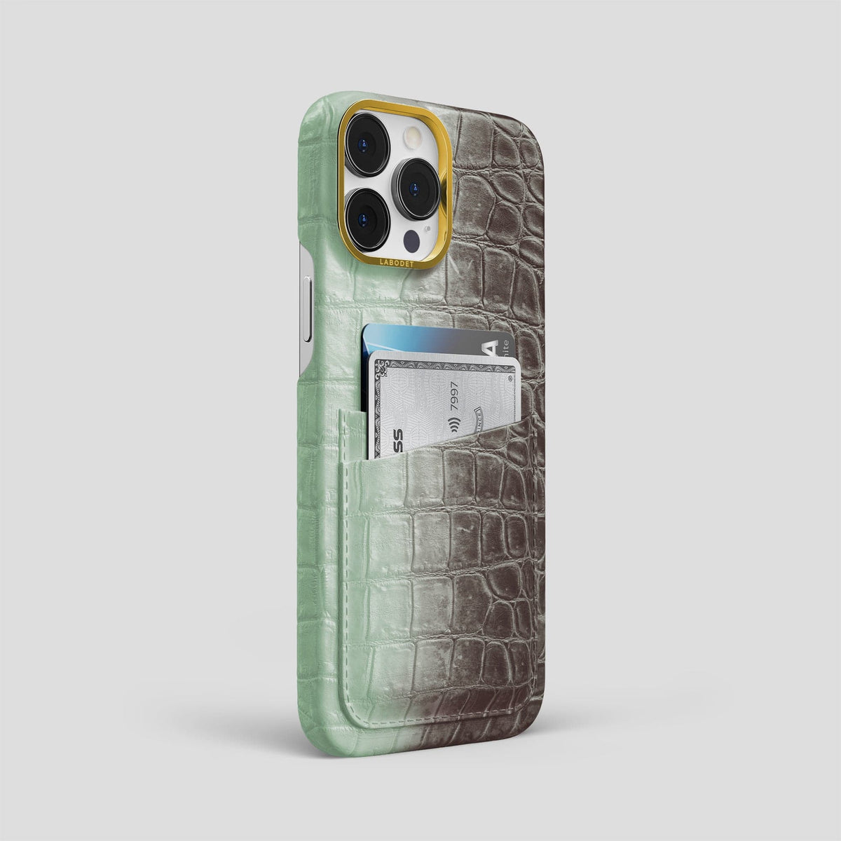 Pistachio iPhone 14 Pro Max Himalaya Double Card Case Himalayan Crocodile with Gold Metal -2 | Pistachio-Gold