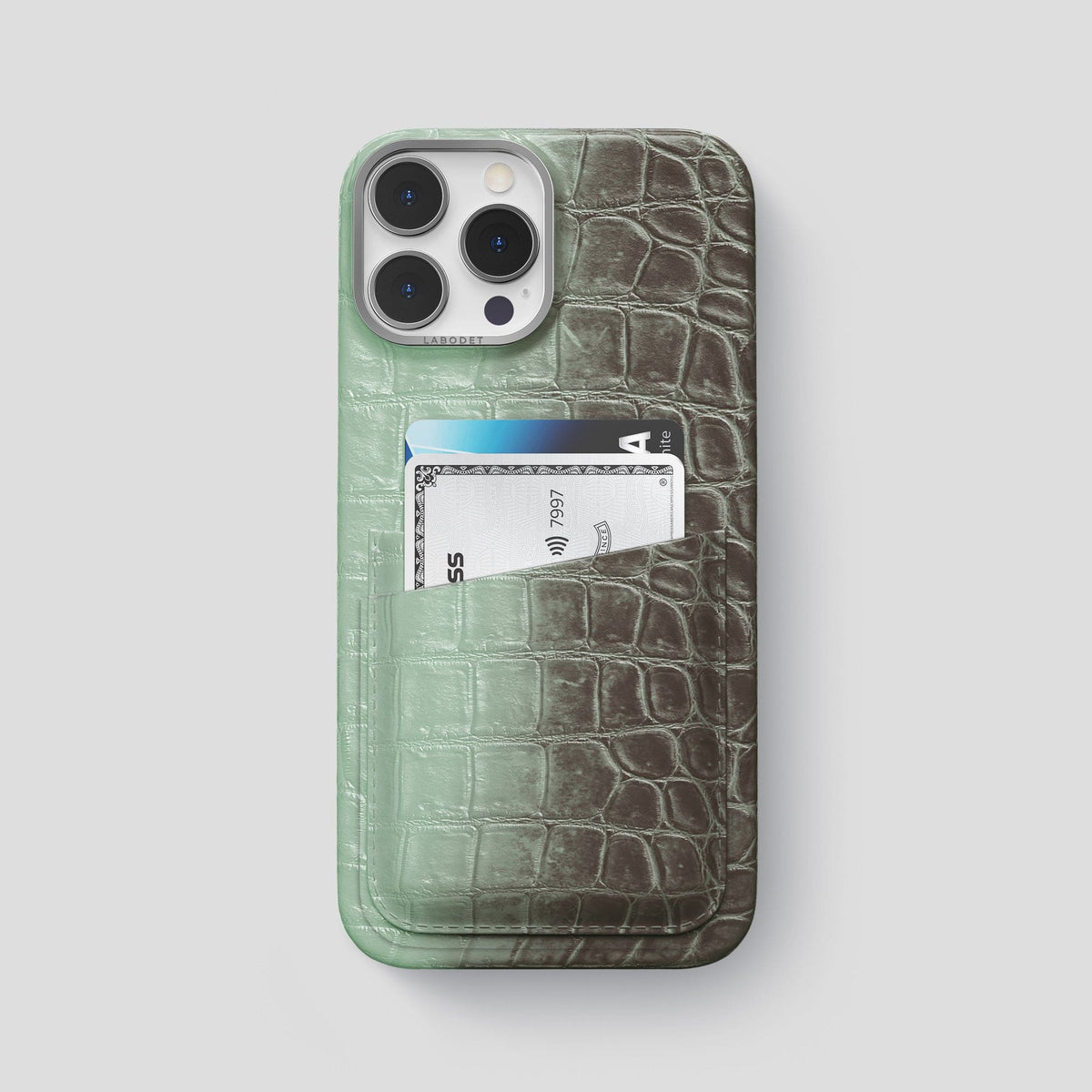 Pistachio iPhone 14 Pro Max Himalaya Double Card Case Himalayan Crocodile with Steel Metal -1 | Pistachio-Steel