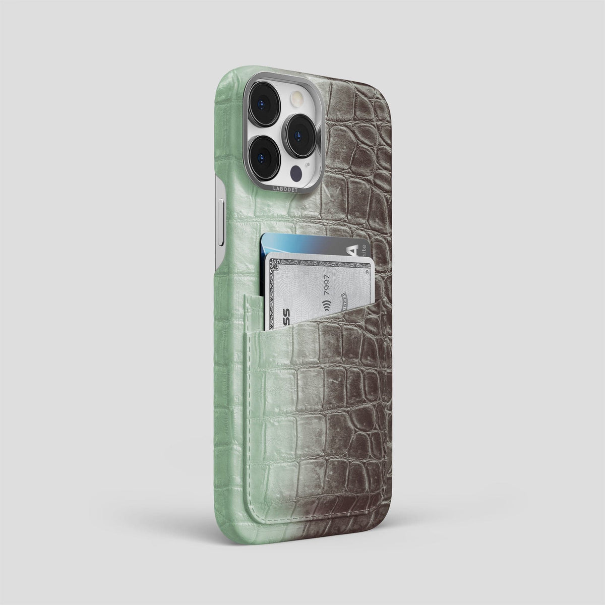 Pistachio iPhone 14 Pro Max Himalaya Double Card Case Himalayan Crocodile with Steel Metal -2 | Pistachio-Steel