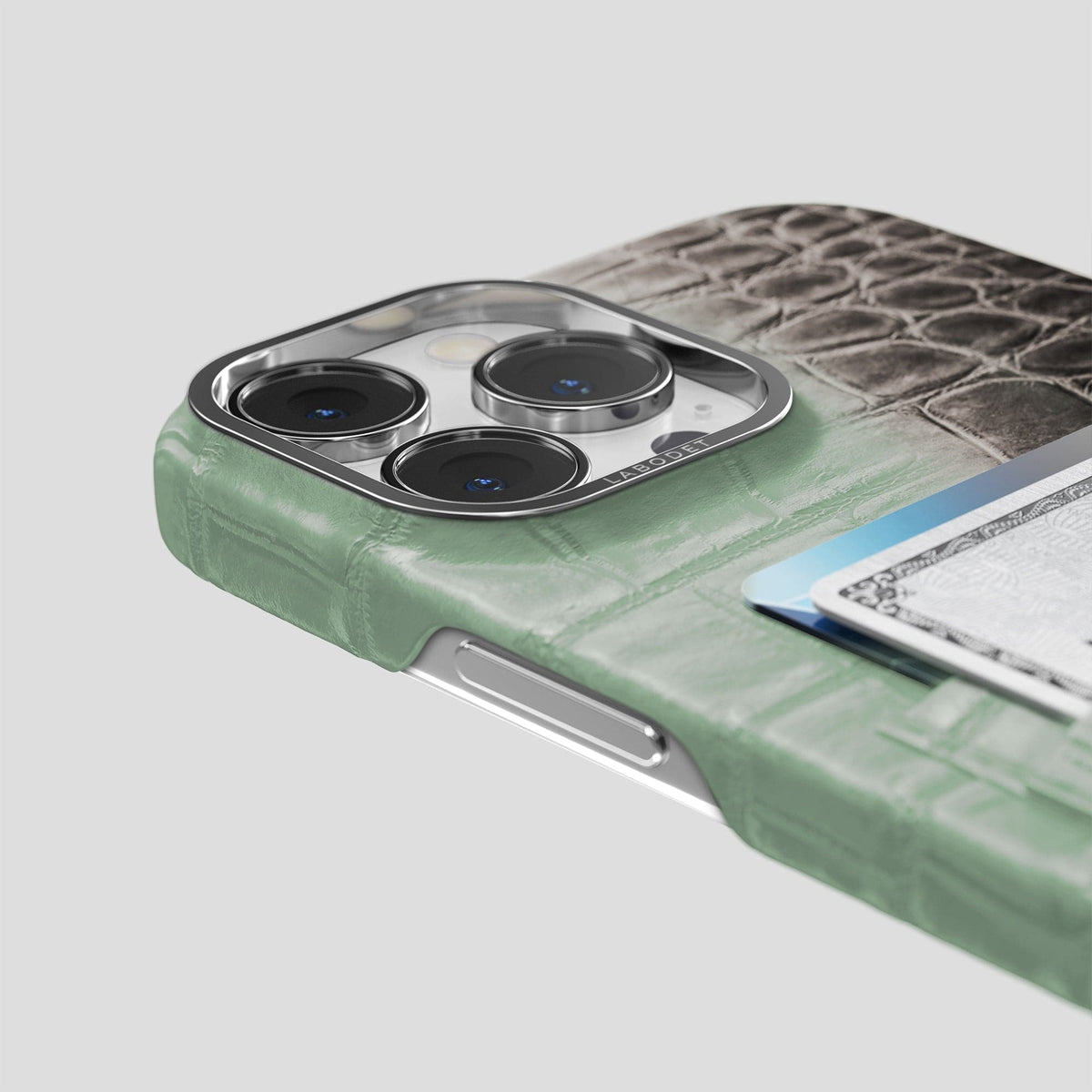 Pistachio iPhone 14 Pro Max Himalaya Double Card Case Himalayan Crocodile with Steel Metal -5 | Pistachio-Steel