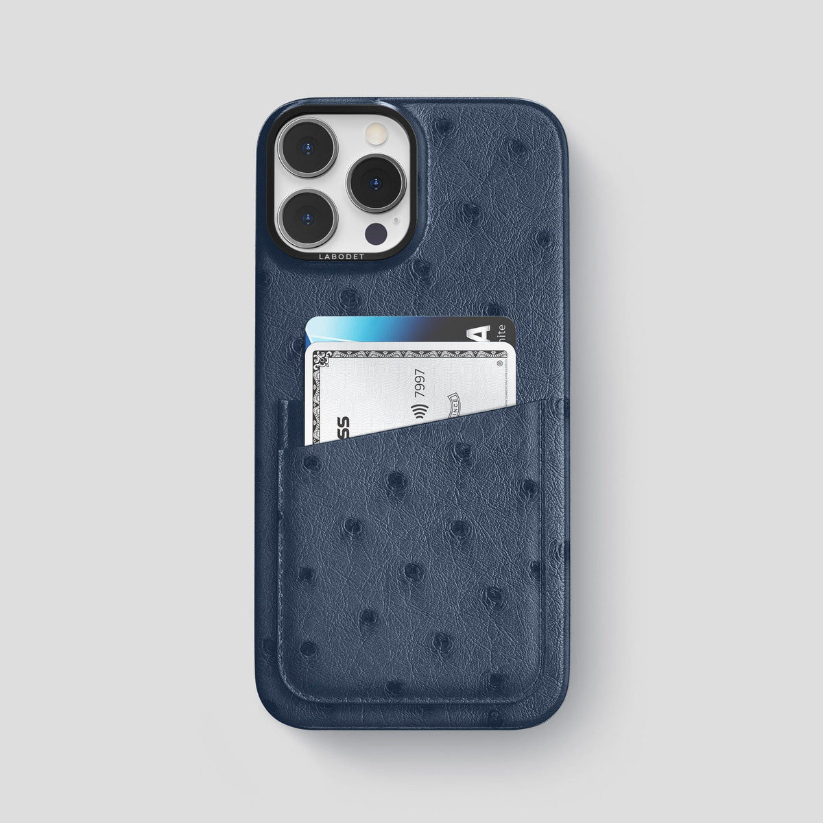 Navy-Blue iPhone 14 Pro Max Card Case Ostrich with Black Metal -1 | Navy-Blue-Black