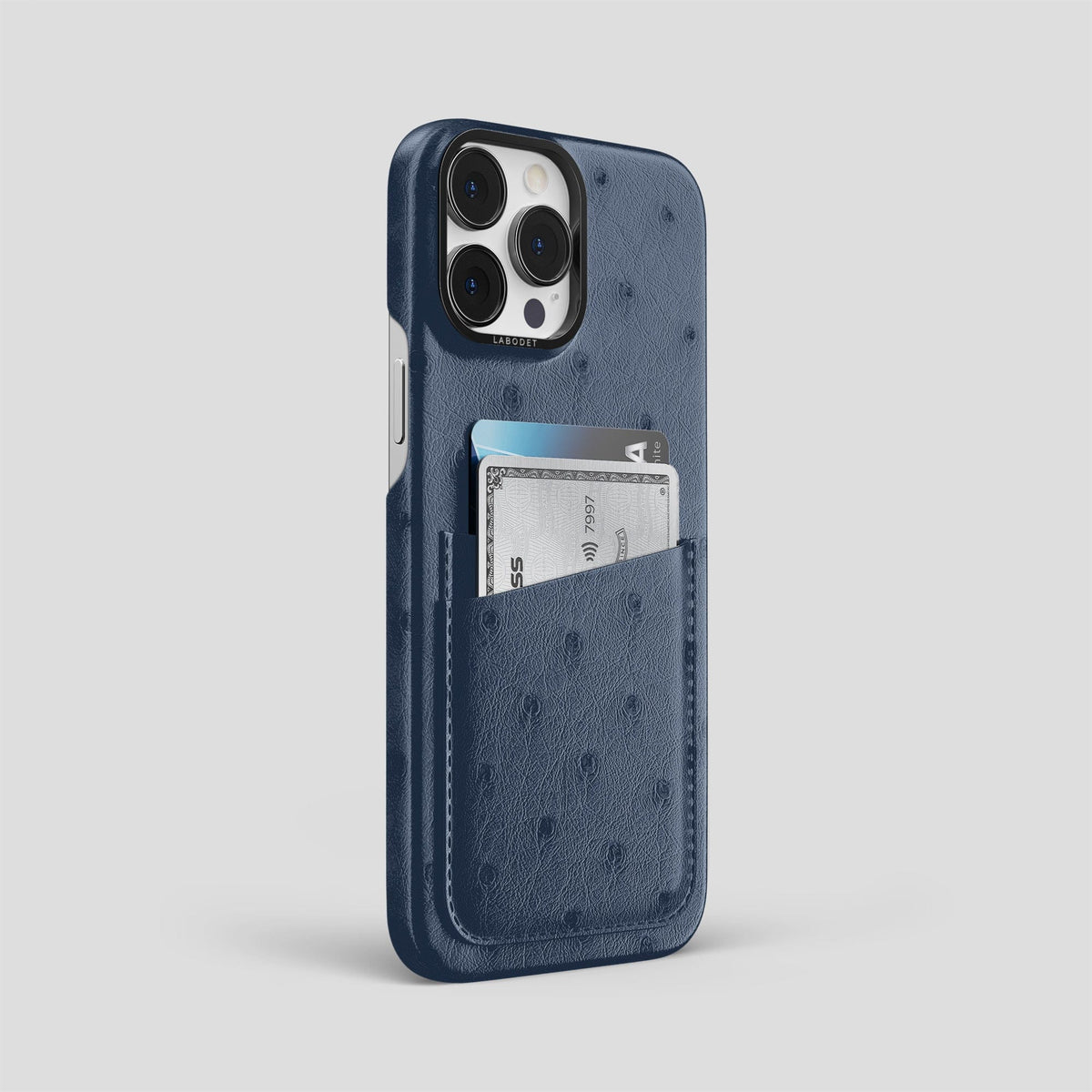 Navy-Blue iPhone 14 Pro Max Card Case Ostrich with Black Metal -2 | Navy-Blue-Black