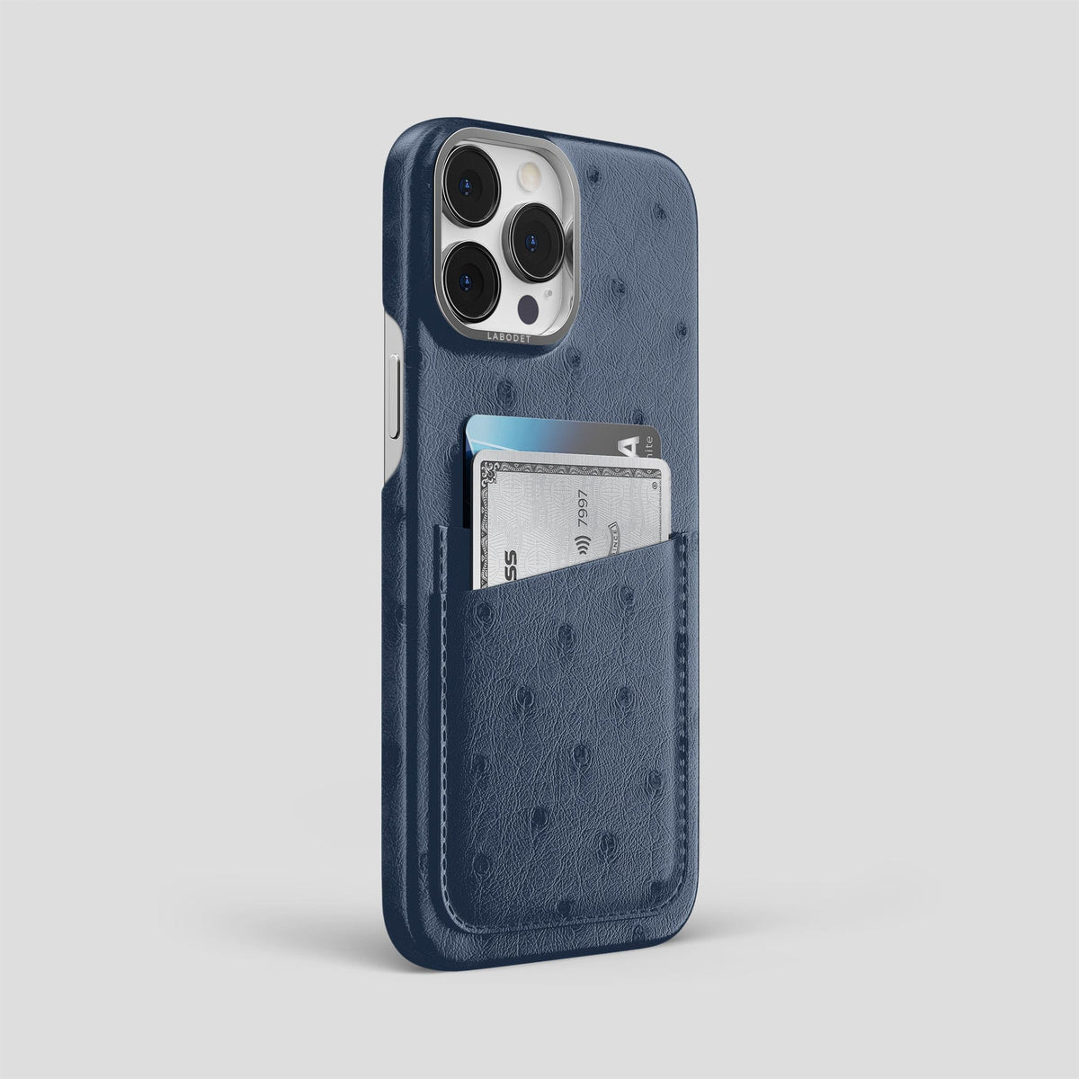 Navy-Blue iPhone 14 Pro Max Card Case Ostrich with Steel Metal -2 | Navy-Blue-Steel