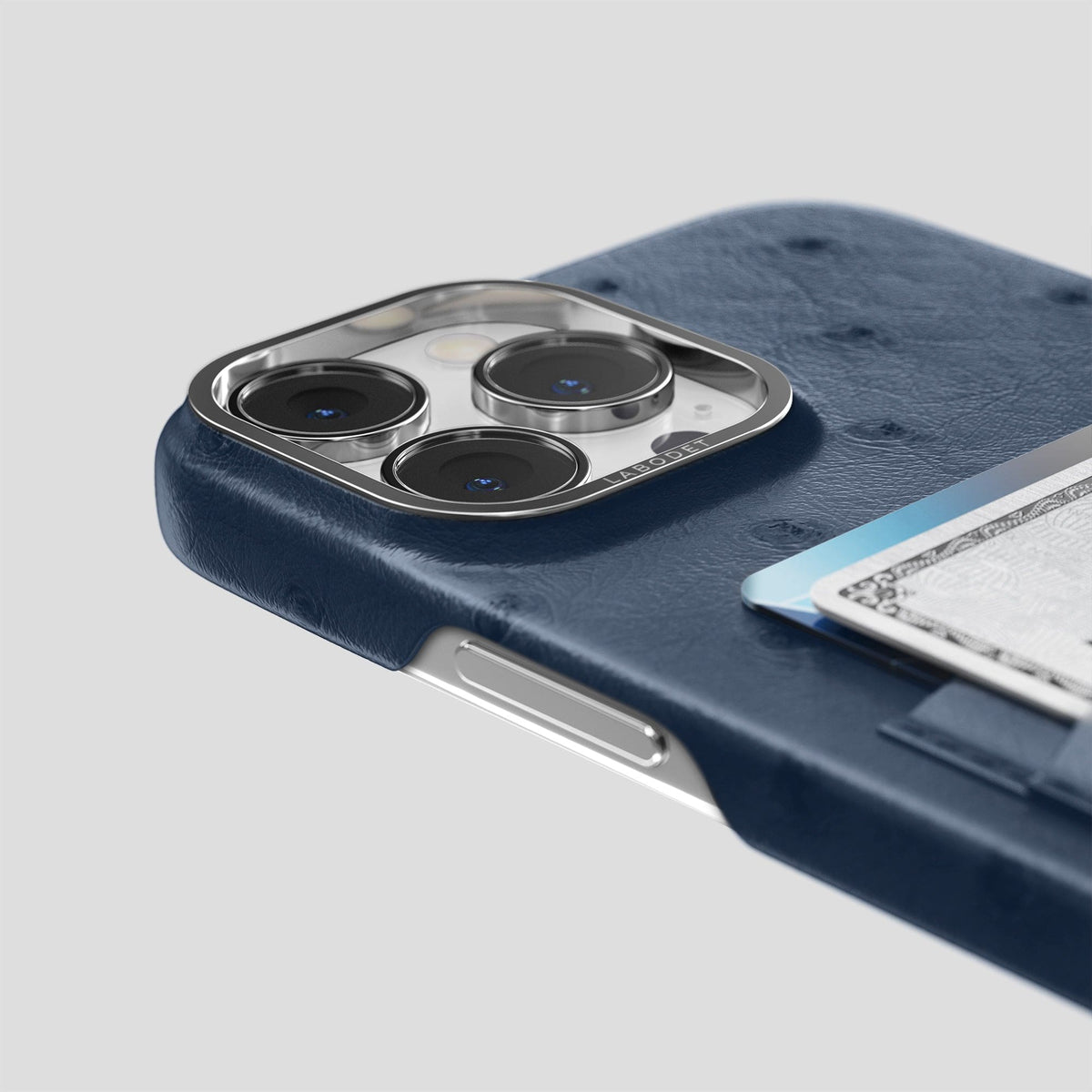 Navy-Blue iPhone 14 Pro Max Card Case Ostrich with Steel Metal -5 | Navy-Blue-Steel