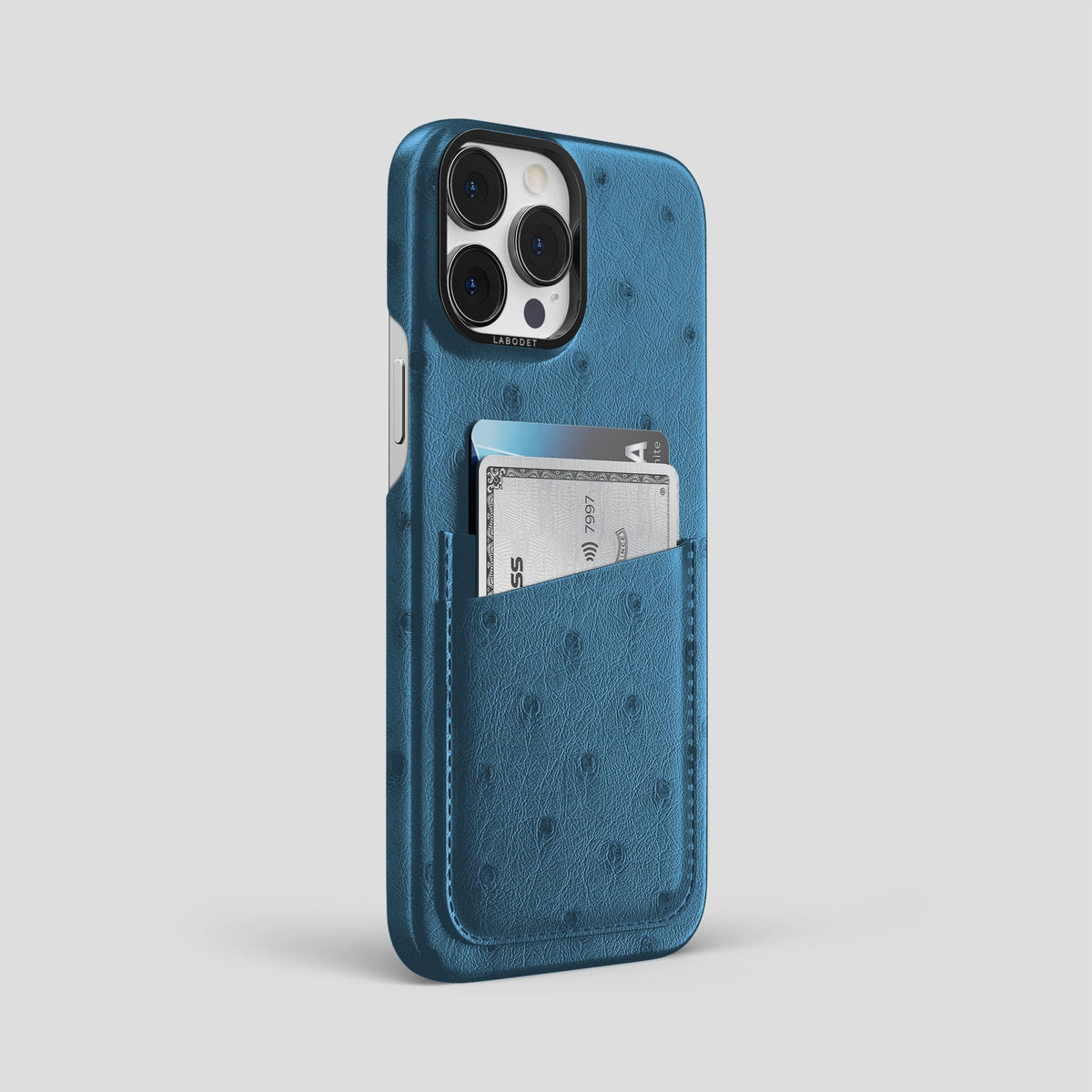 Blue-Jeans iPhone 13 Pro Max Card Case Ostrich with Black Metal -2 | Blue-Jeans-Black