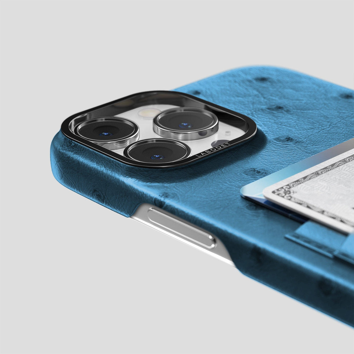Blue-Jeans iPhone 13 Pro Max Card Case Ostrich with Black Metal -5 | Blue-Jeans-Black