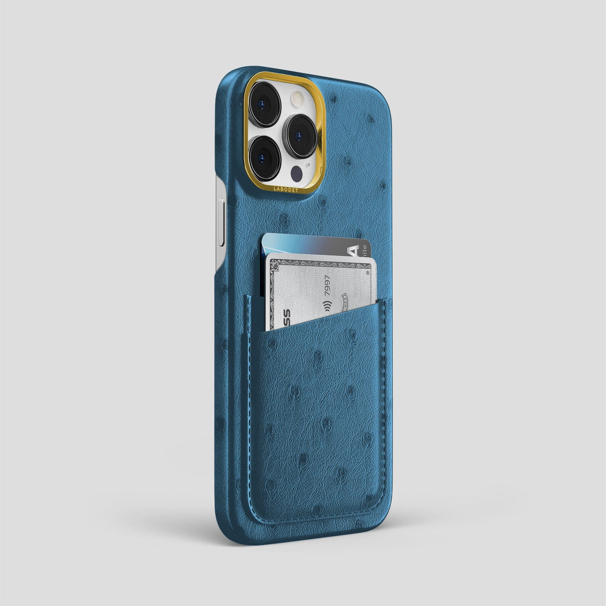 Blue-Jeans iPhone 14 Pro Max Card Case Ostrich with Gold Metal -2 | Blue-Jeans-Gold