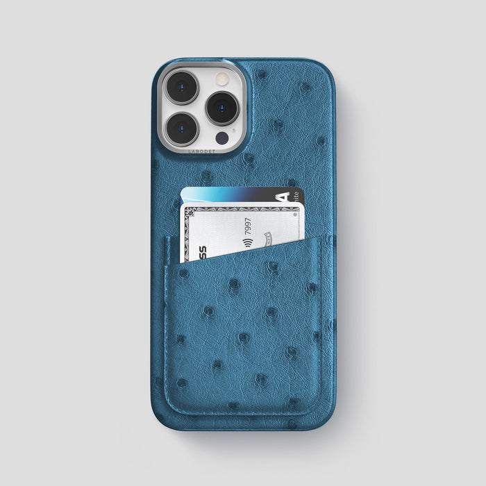 Blue-Jeans iPhone 14 Pro Max Card Case Ostrich with Steel Metal -1 | Blue-Jeans-Steel