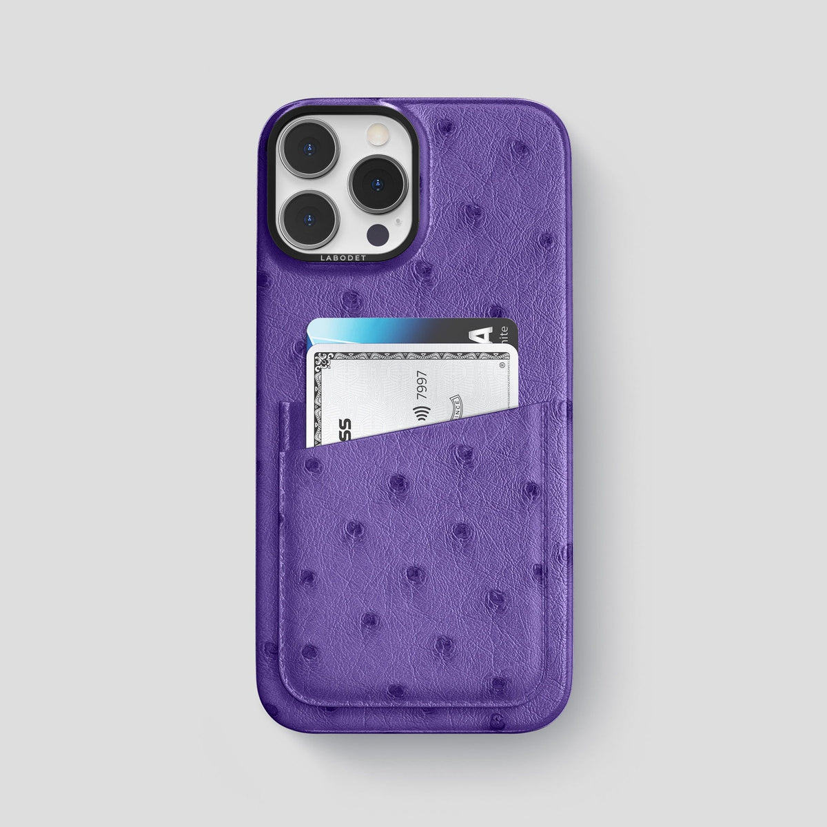 Purple iPhone 14 Pro Max Card Case Ostrich with Black Metal -1 | Purple-Black