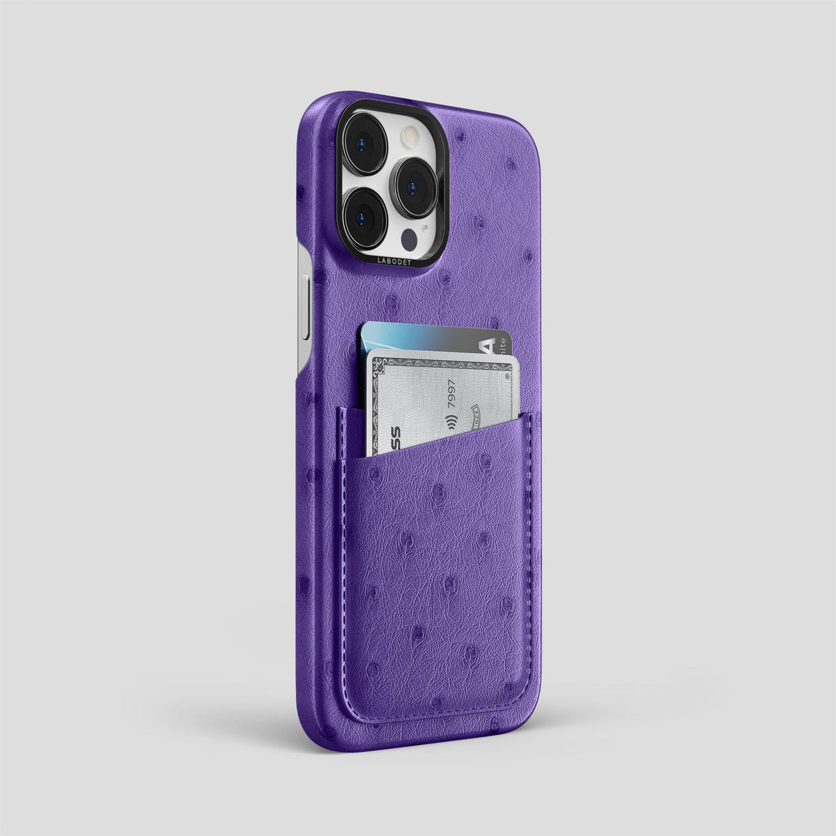 Purple iPhone 14 Pro Max Card Case Ostrich with Black Metal -2 | Purple-Black