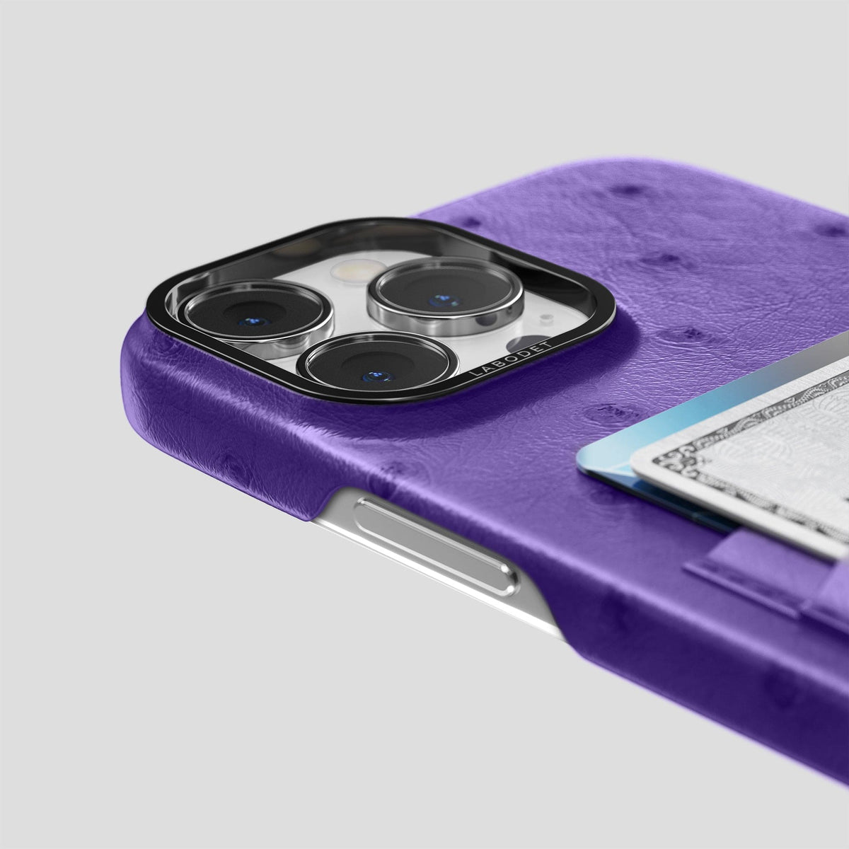 Purple iPhone 14 Pro Max Card Case Ostrich with Black Metal -5 | Purple-Black