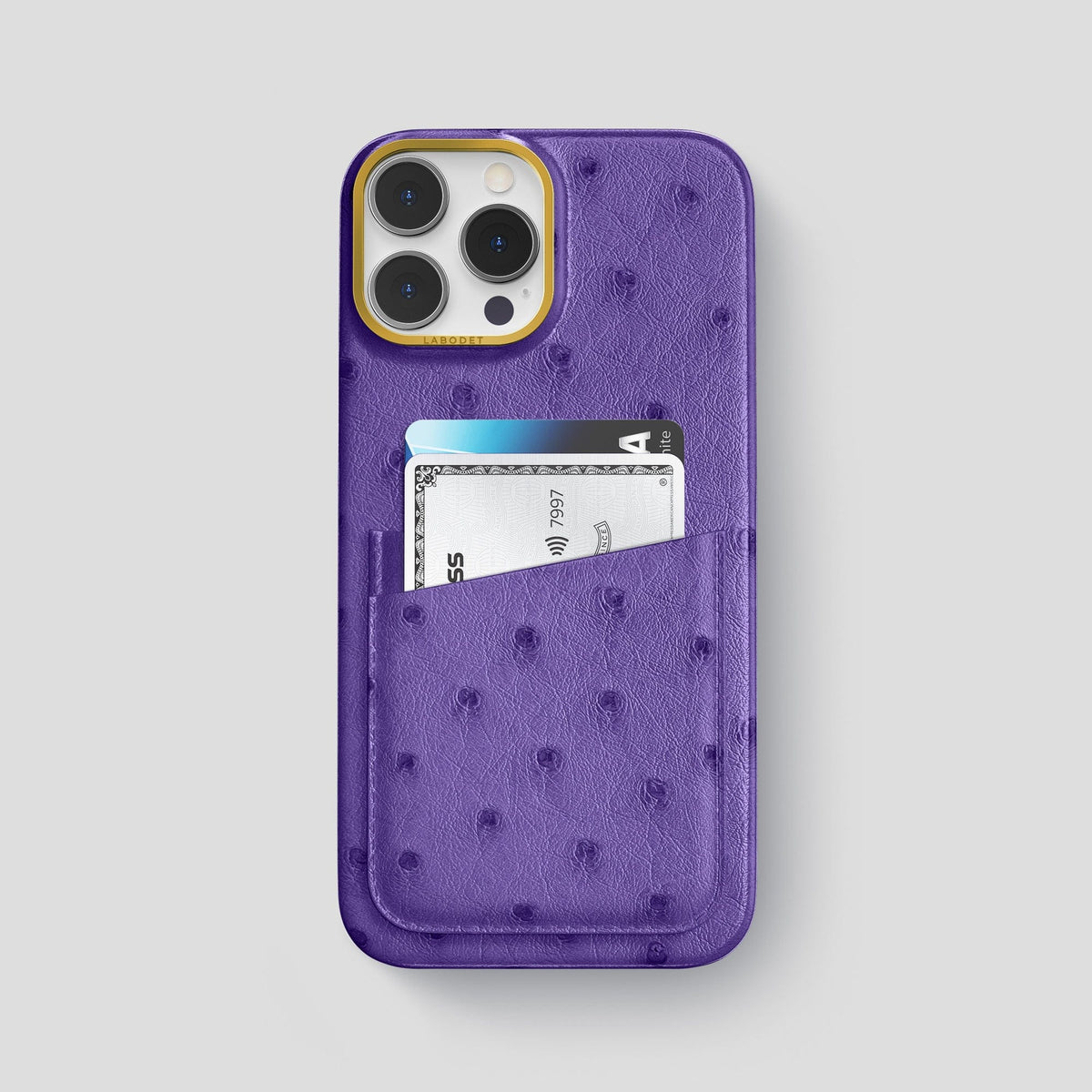 Purple iPhone 14 Pro Max Card Case Ostrich with Gold Metal -1 | Purple-Gold