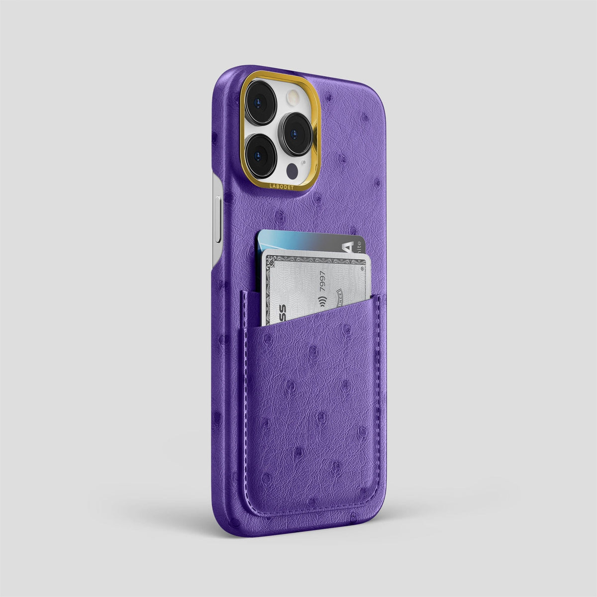 Purple iPhone 14 Pro Max Card Case Ostrich with Gold Metal -2 | Purple-Gold