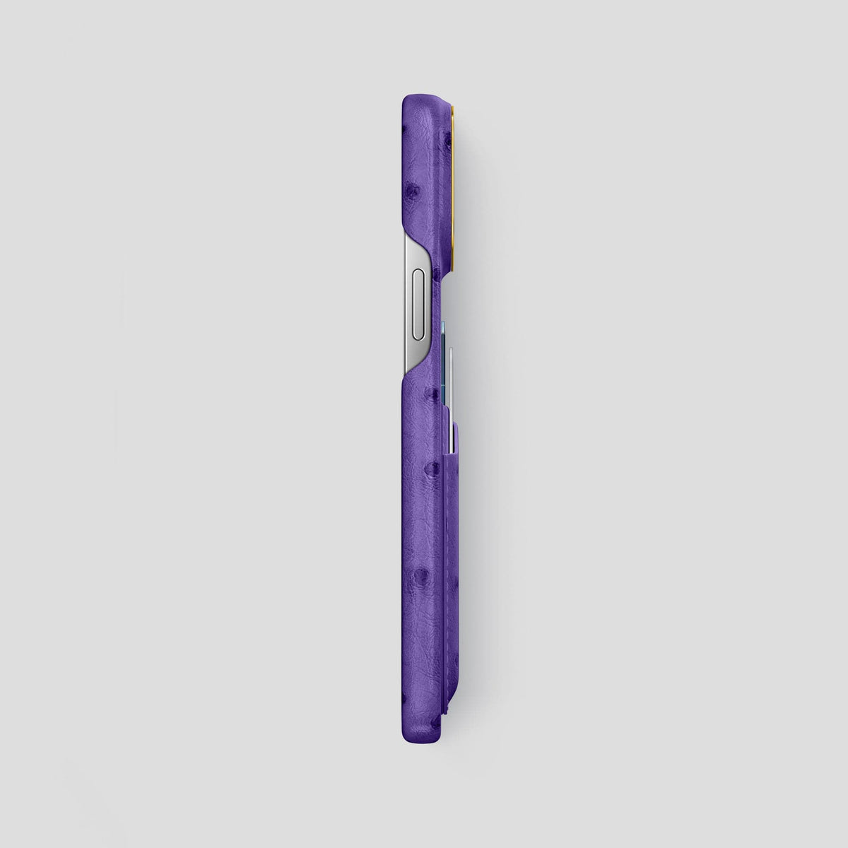 Purple iPhone 14 Pro Max Card Case Ostrich with Gold Metal -3 | Purple-Gold