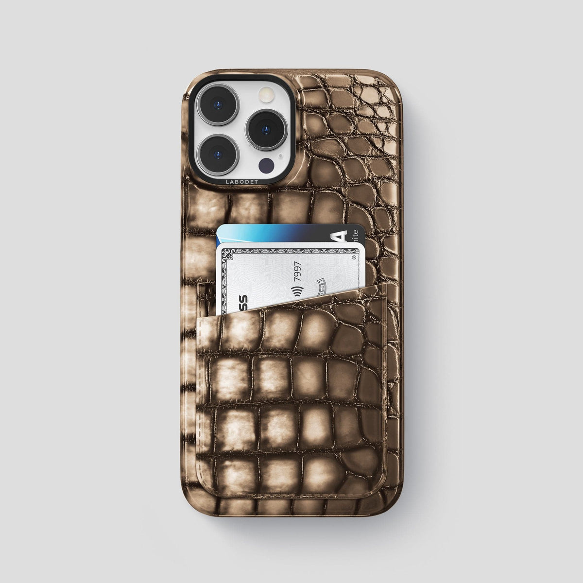 Etoupe iPhone 15 Pro Max Double Card Case Patina Alligator with Black Metal -1 | Etoupe-Black