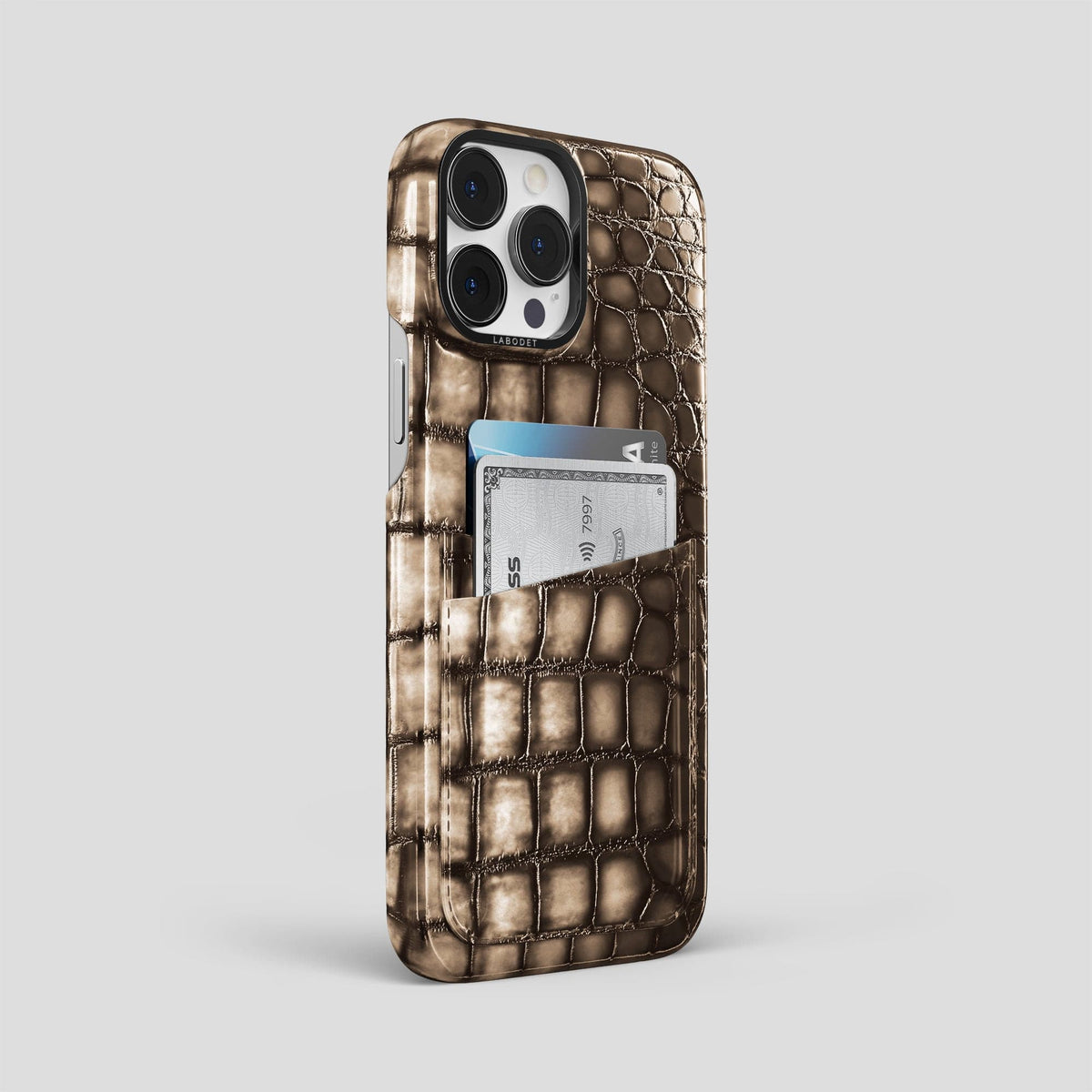 Etoupe iPhone 15 Pro Max Double Card Case Patina Alligator with Black Metal -2 | Etoupe-Black
