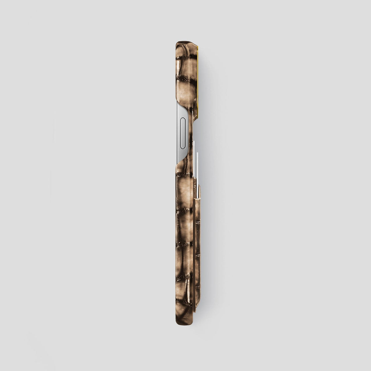 Etoupe iPhone 15 Pro Max Double Card Case Patina Alligator with Gold Metal -3 | Etoupe-Gold