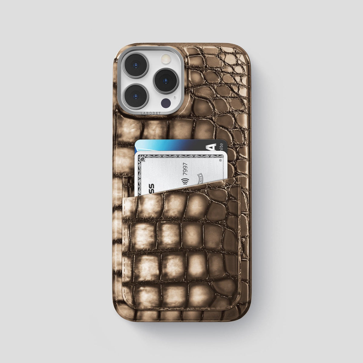 Etoupe iPhone 15 Pro Max Double Card Case Patina Alligator with Steel Metal -1 | Etoupe-Steel