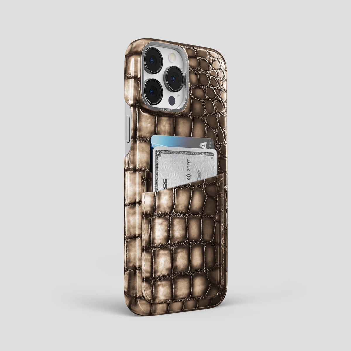 Etoupe iPhone 15 Pro Max Double Card Case Patina Alligator with Steel Metal -2 | Etoupe-Steel