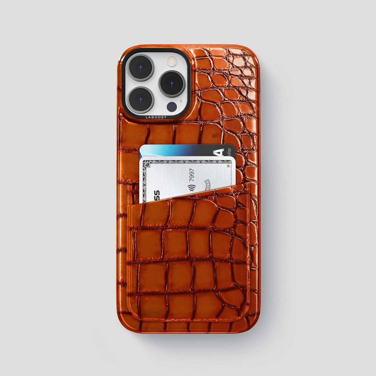Clay-Court iPhone 15 Pro Max Double Card Case Patina Alligator with Black Metal -1 | Clay-Court-Black
