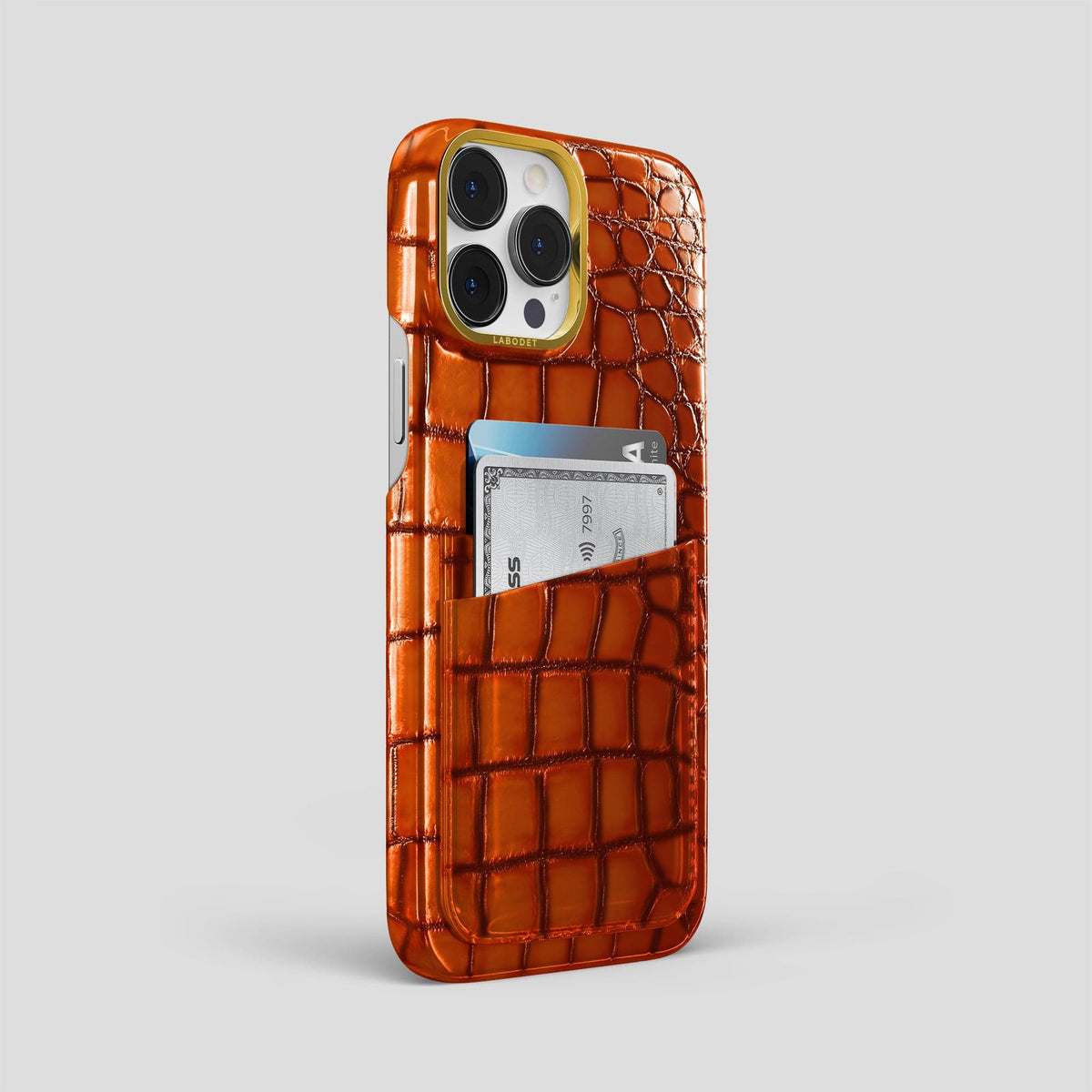 Clay-Court iPhone 15 Pro Max Double Card Case Patina Alligator with Gold Metal -2 | Clay-Court-Gold