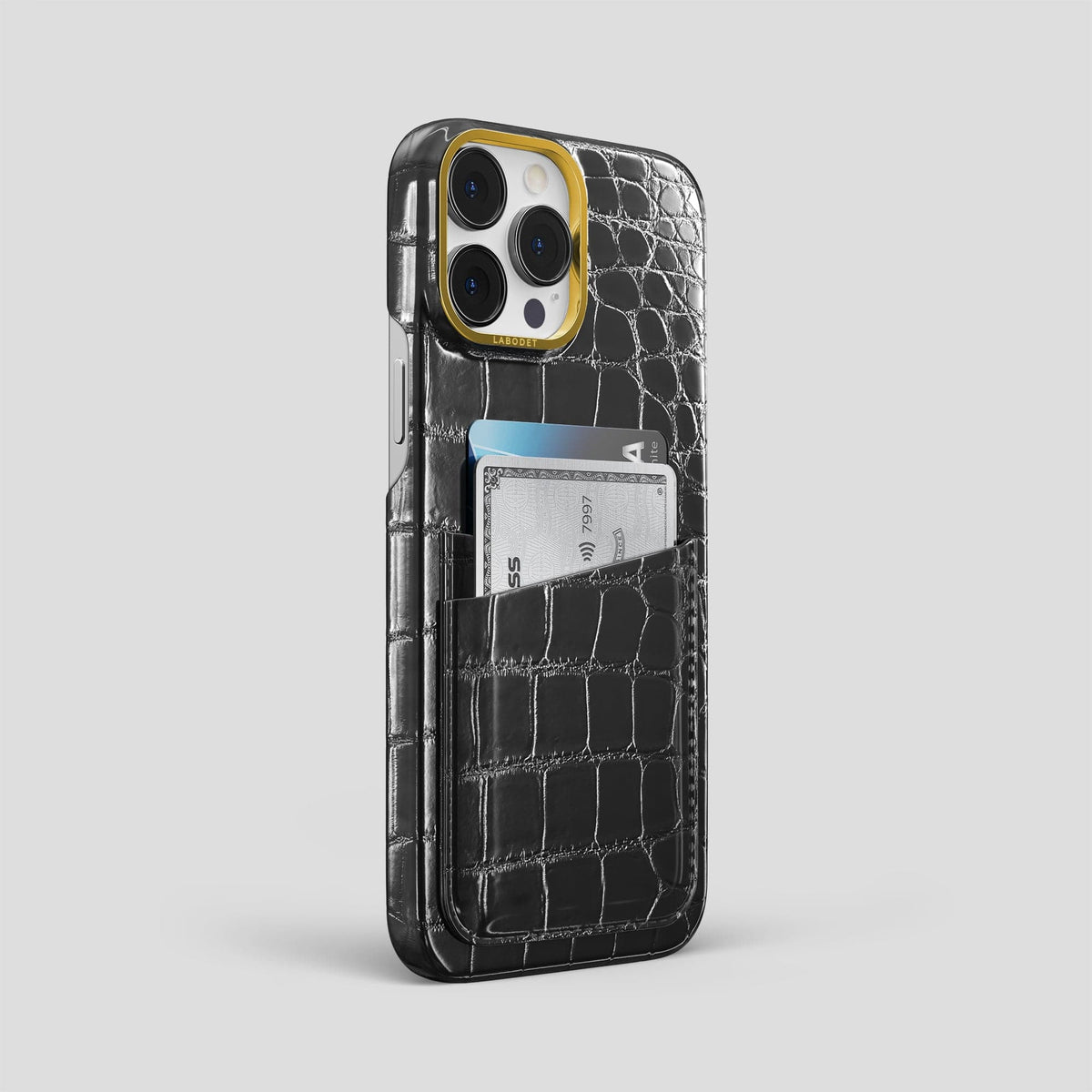 Havana-Black iPhone 15 Pro Max Double Card Case Patina Alligator with Gold Metal -2 | Havana-Black-Gold