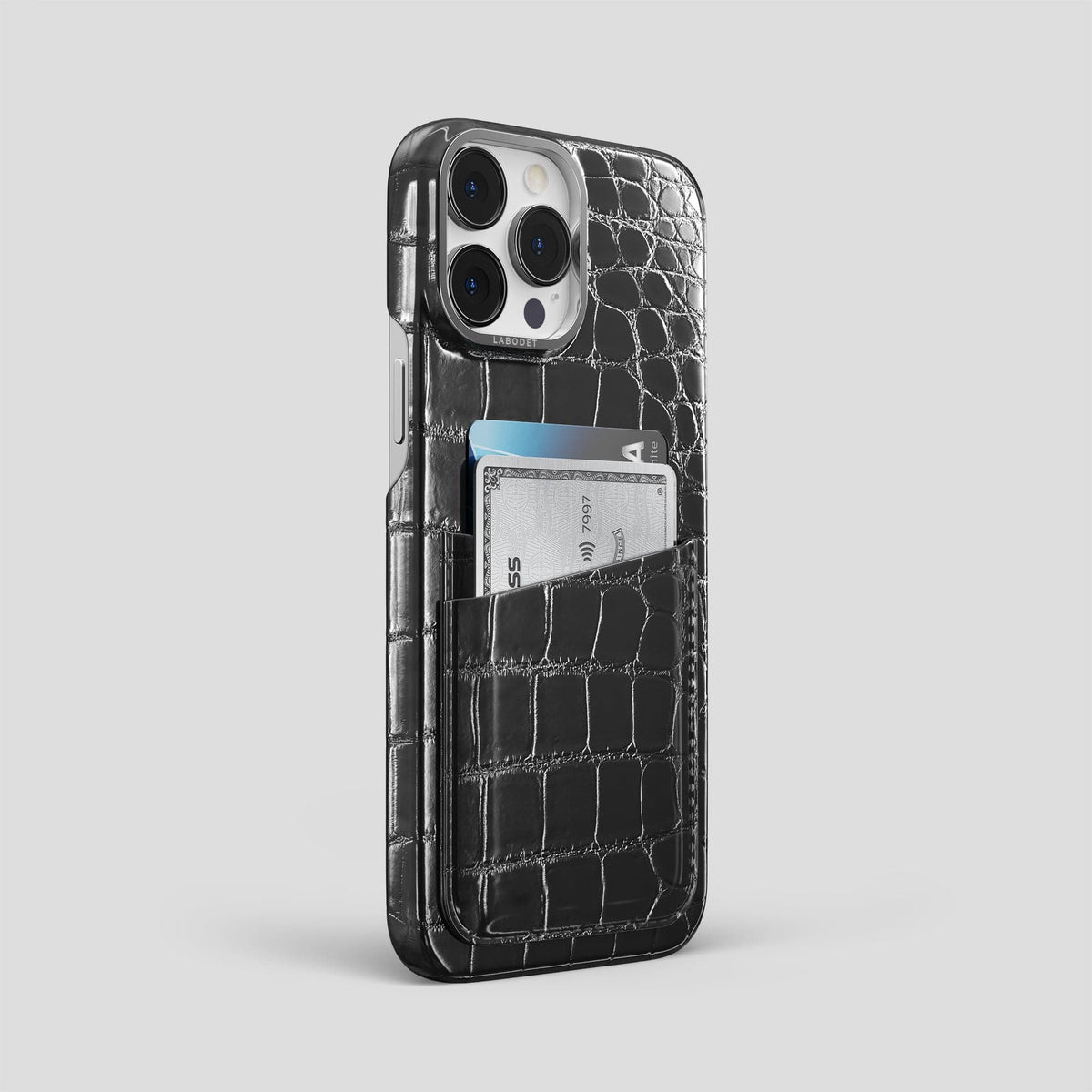 Havana-Black iPhone 15 Pro Max Double Card Case Patina Alligator with Steel Metal -2 | Havana-Black-Steel