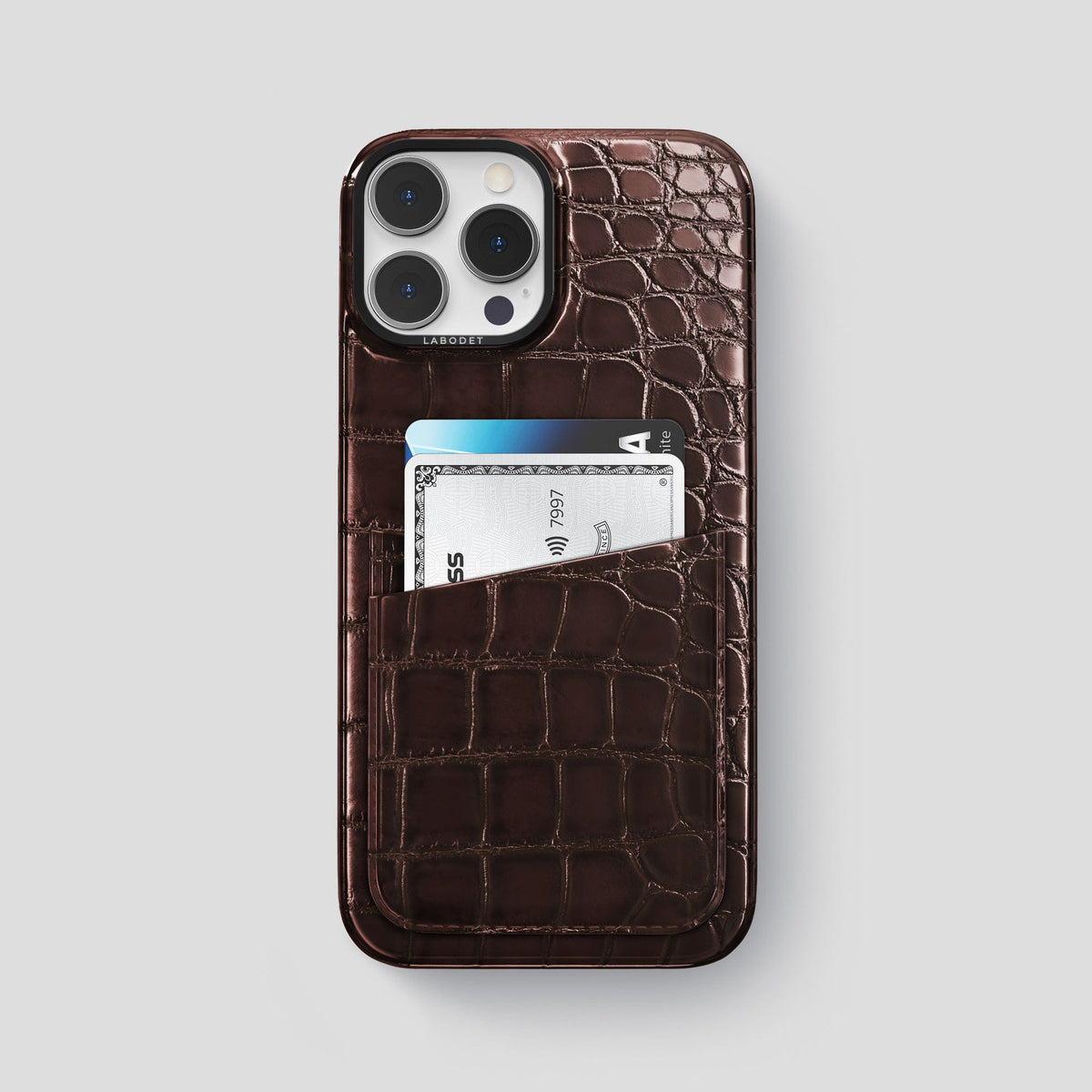 Grape-Wine iPhone 15 Pro Max Double Card Case Patina Alligator with Black Metal -1 | Grape-Wine-Black