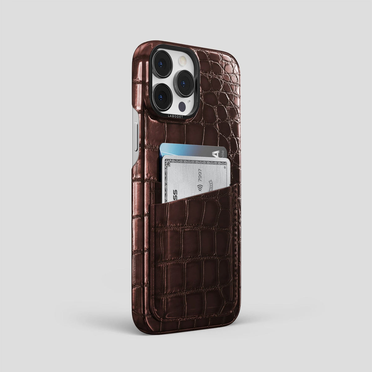 Grape-Wine iPhone 15 Pro Max Double Card Case Patina Alligator with Black Metal -2 | Grape-Wine-Black