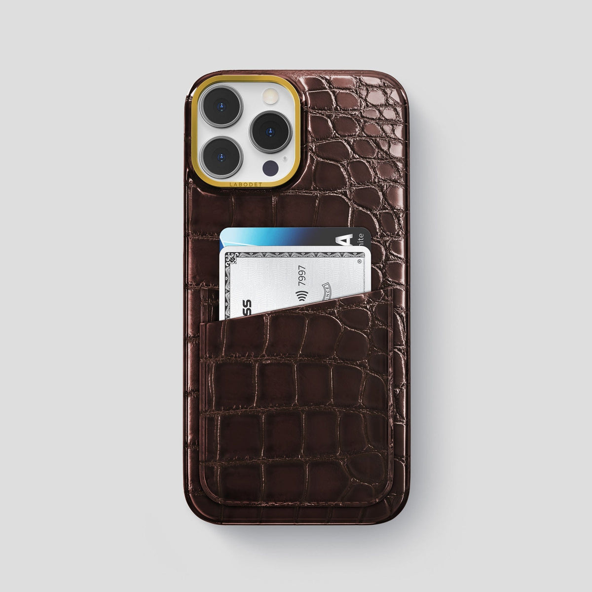 Grape-Wine iPhone 15 Pro Max Double Card Case Patina Alligator with Gold Metal -1 | Grape-Wine-Gold