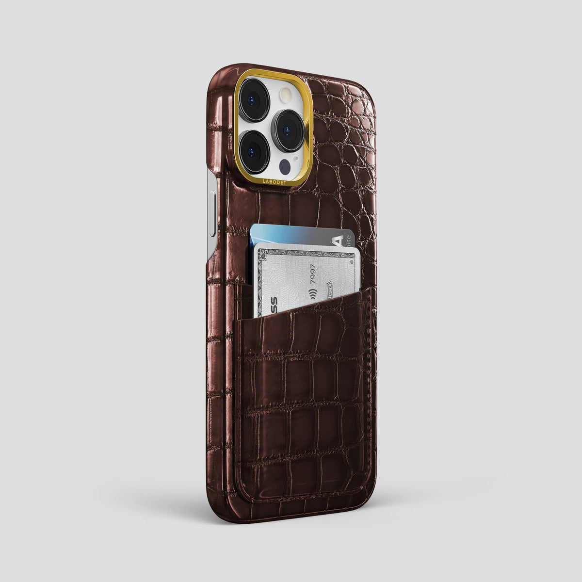 Grape-Wine iPhone 15 Pro Max Double Card Case Patina Alligator with Gold Metal -2 | Grape-Wine-Gold