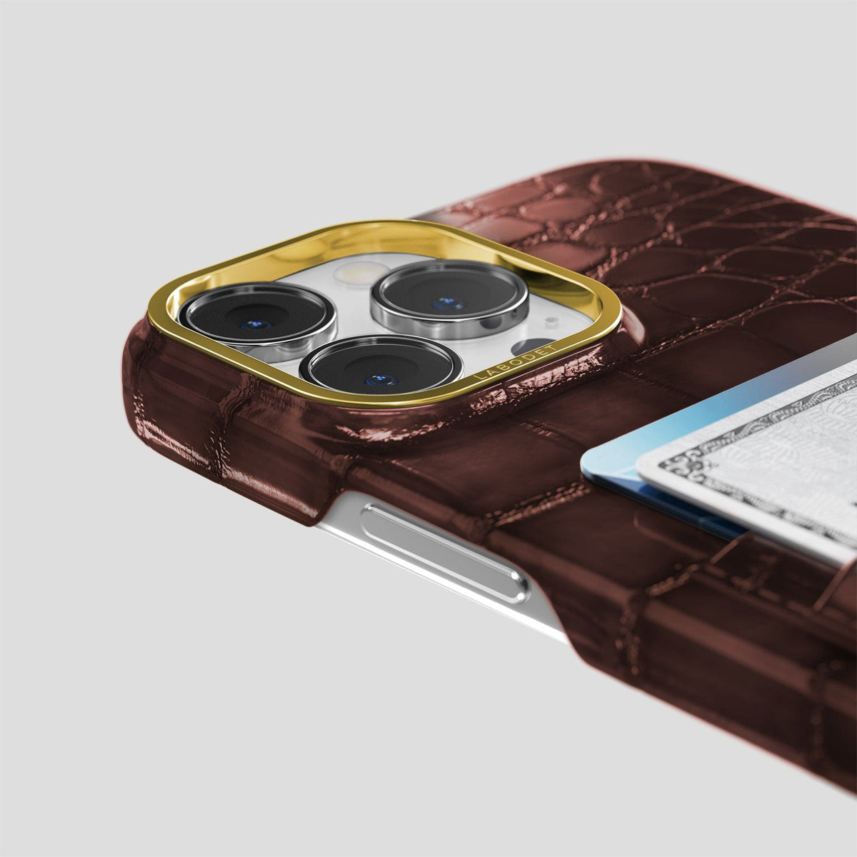 Grape-Wine iPhone 15 Pro Max Double Card Case Patina Alligator with Gold Metal -5 | Grape-Wine-Gold