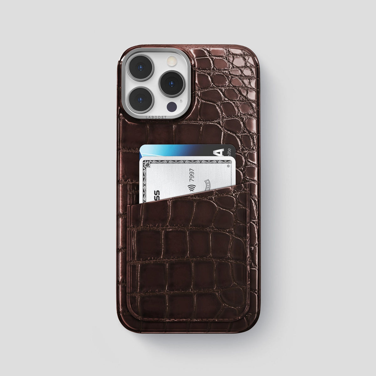 Grape-Wine iPhone 15 Pro Max Double Card Case Patina Alligator with Steel Metal -1 | Grape-Wine-Steel