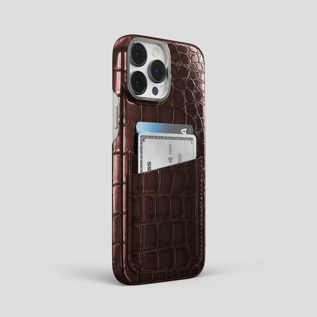 Grape-Wine iPhone 15 Pro Max Double Card Case Patina Alligator with Steel Metal -2 | Grape-Wine-Steel